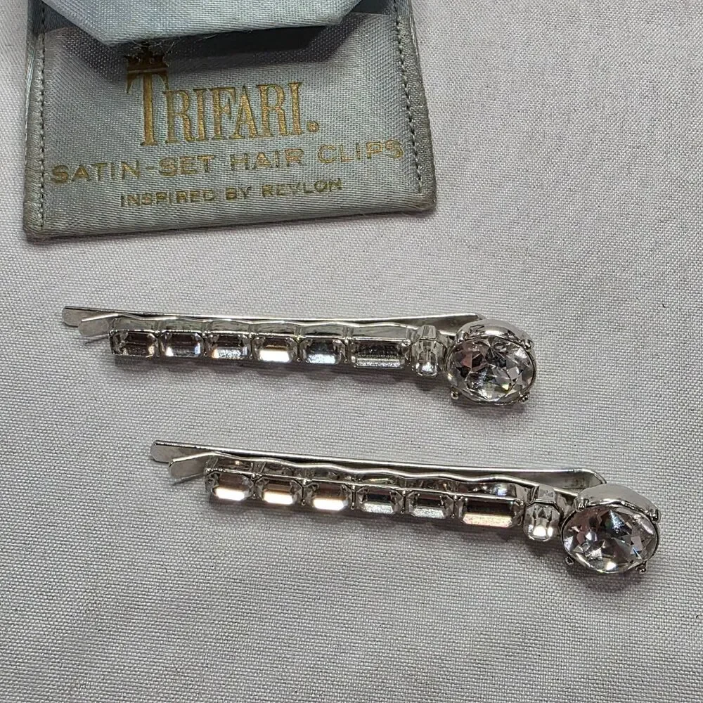 Crown Trifari 1950s Hair Clip Pair Silver Tone Bobby Pins Crystal Rhinestones